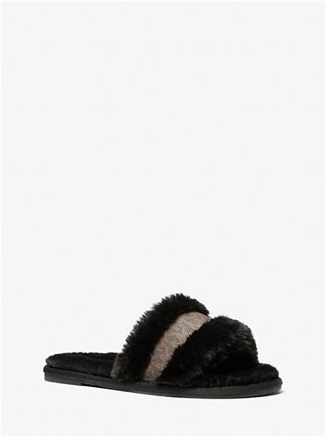 michael kors slippers alexis slide chain|Alexis Faux Fur and Metallic Signature Logo Slide Sandal.